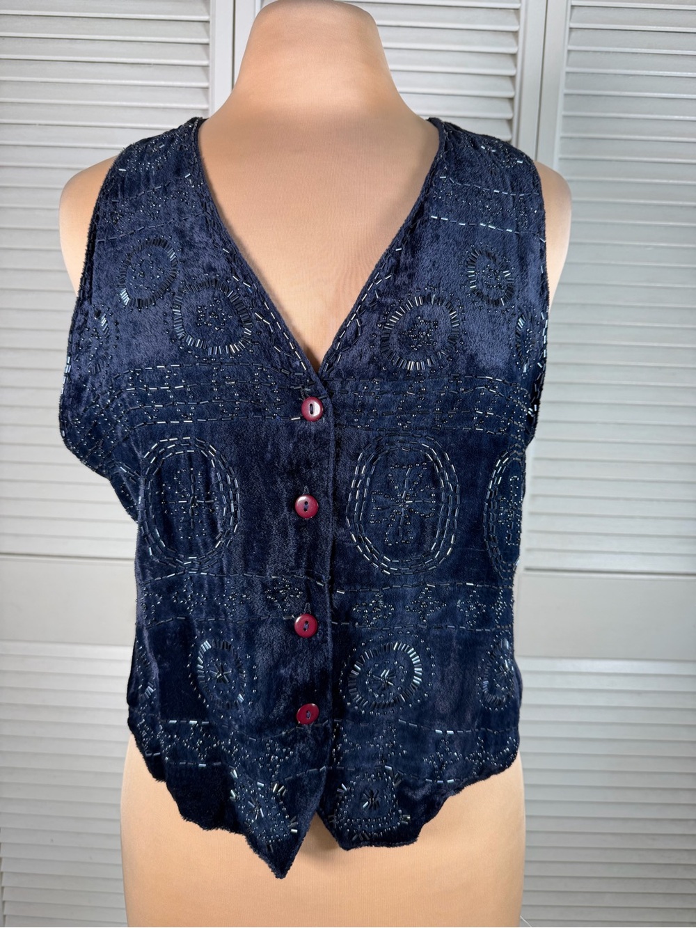 Vintage DK Petite Beaded Velvet Rayon Vest Navy Blue Boho Artsy PS